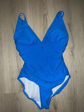 Blue One Piece Swimsuit Size 10 Plunging V Neck Tummy Control Adjustable Straps